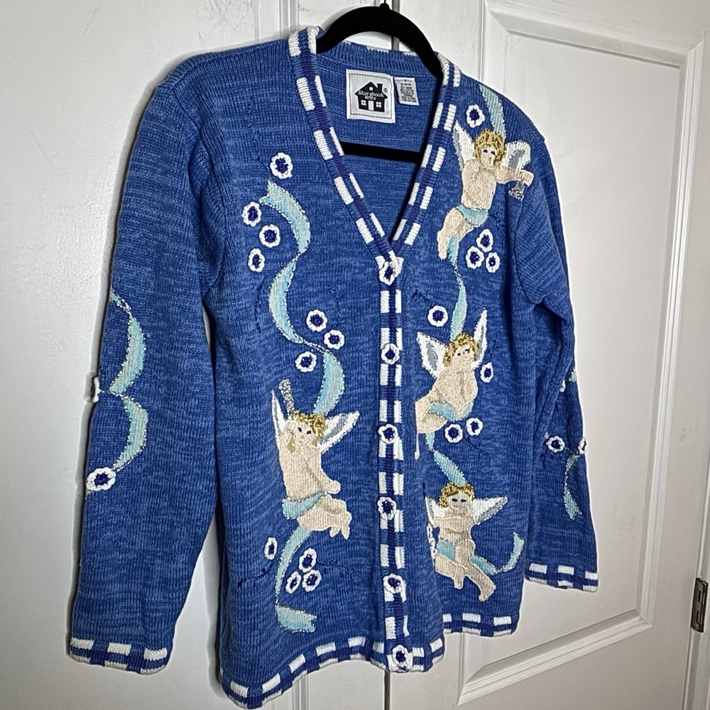 Vintage Storybook Knits Cardigan Womens S Blue Angels Cherubs Granny Sweater 90s - Picture 2 of 8